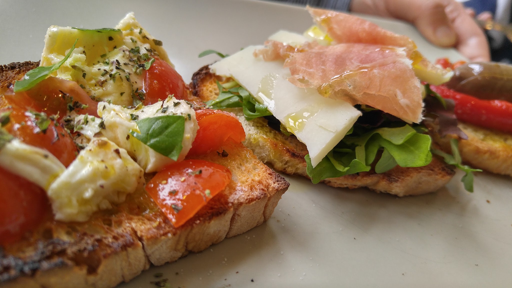 A close look at Italian food with tomatoes, cheese and fresh leaves